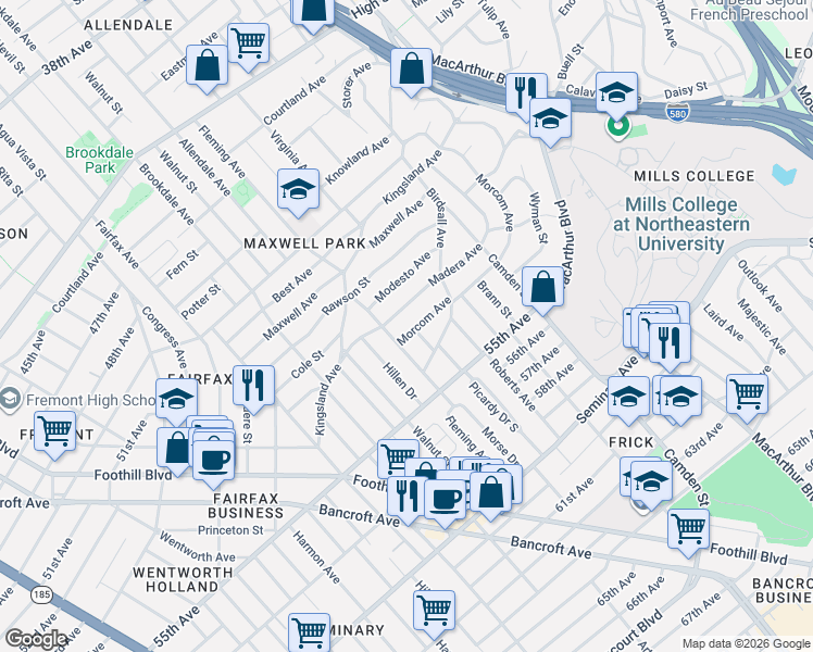 map of restaurants, bars, coffee shops, grocery stores, and more near 2859 Morcom Avenue in Oakland