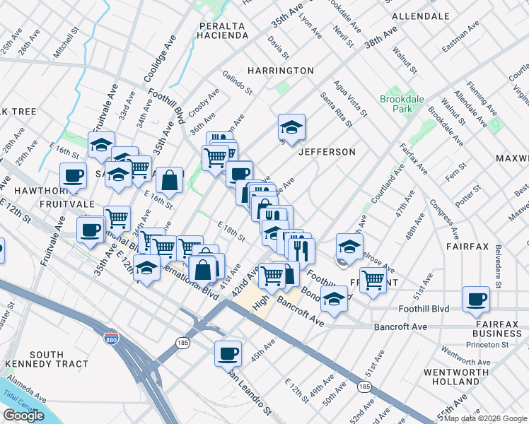 map of restaurants, bars, coffee shops, grocery stores, and more near 1926 Rosedale Avenue in Oakland