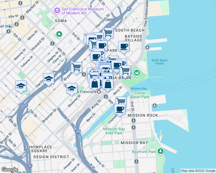 map of restaurants, bars, coffee shops, grocery stores, and more near 250-260 King Street in San Francisco