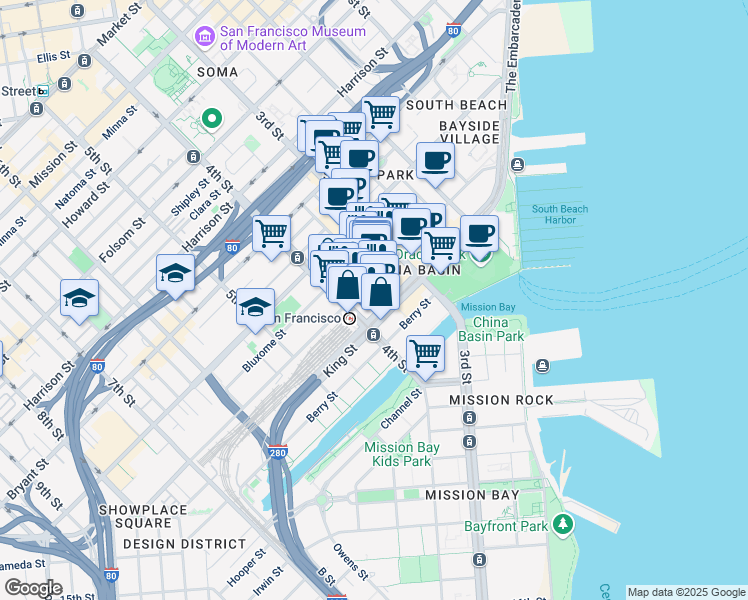 map of restaurants, bars, coffee shops, grocery stores, and more near 250-260 King Street in San Francisco