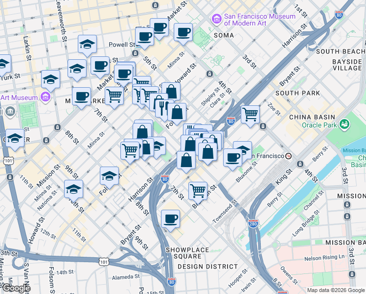 map of restaurants, bars, coffee shops, grocery stores, and more near 1000 Harrison Street in San Francisco