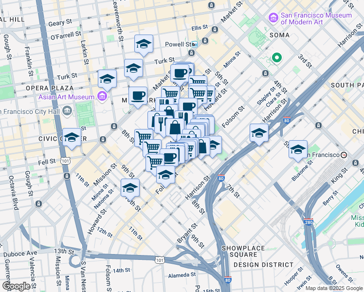 map of restaurants, bars, coffee shops, grocery stores, and more near 1108 Howard Street in San Francisco