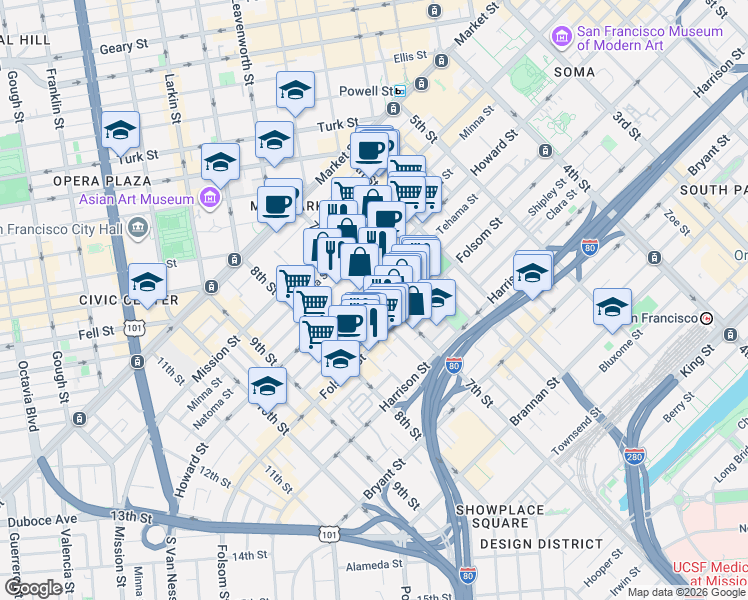 map of restaurants, bars, coffee shops, grocery stores, and more near 230 7th Street in San Francisco