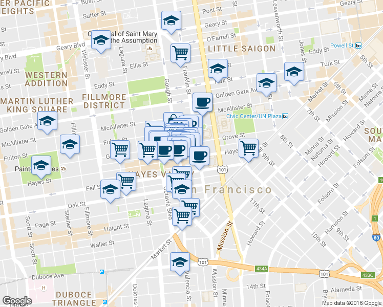 map of restaurants, bars, coffee shops, grocery stores, and more near 351 Grove Street in San Francisco