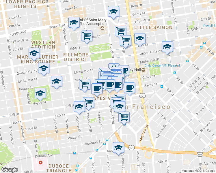map of restaurants, bars, coffee shops, grocery stores, and more near 465 Grove Street in San Francisco