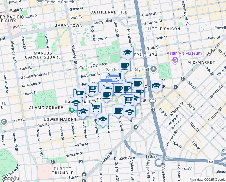 map of restaurants, bars, coffee shops, grocery stores, and more near 531 Grove Street in San Francisco