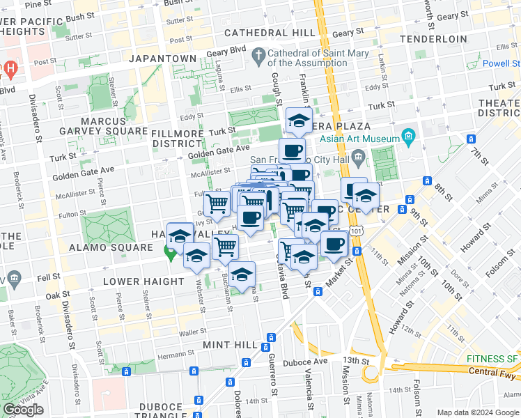 map of restaurants, bars, coffee shops, grocery stores, and more near 531 Grove Street in San Francisco