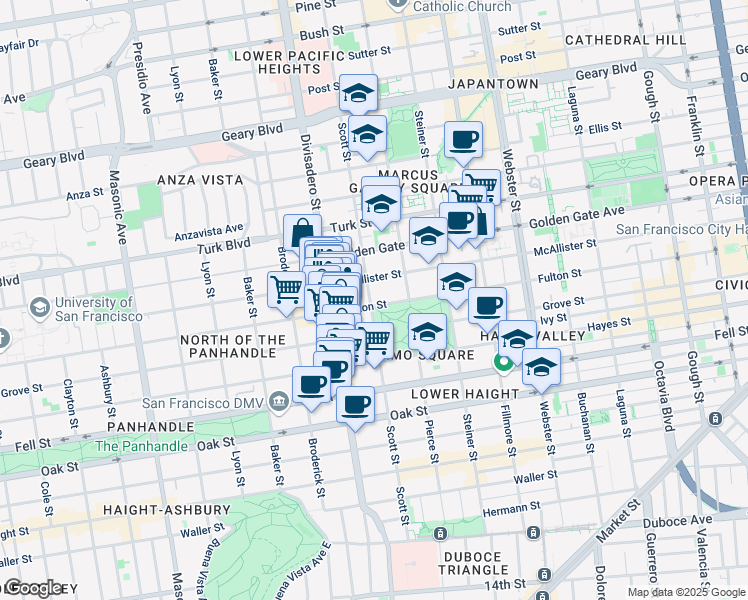 map of restaurants, bars, coffee shops, grocery stores, and more near 1160 Fulton Street in San Francisco