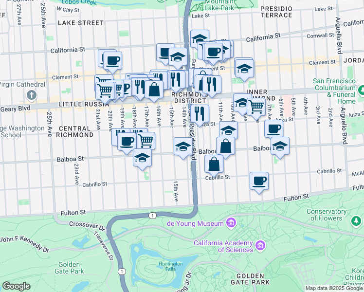 map of restaurants, bars, coffee shops, grocery stores, and more near 564 15th Avenue in San Francisco