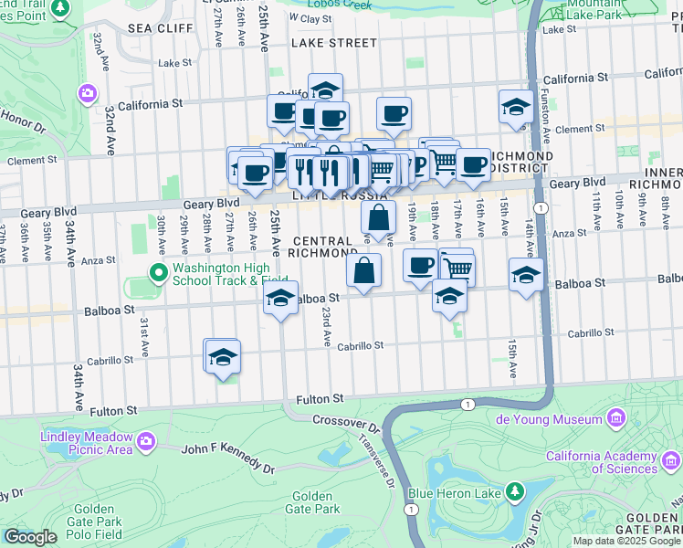 map of restaurants, bars, coffee shops, grocery stores, and more near 542 22nd Avenue in San Francisco