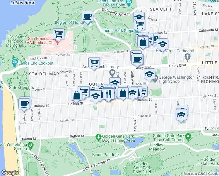 map of restaurants, bars, coffee shops, grocery stores, and more near 4603 Anza Street in San Francisco