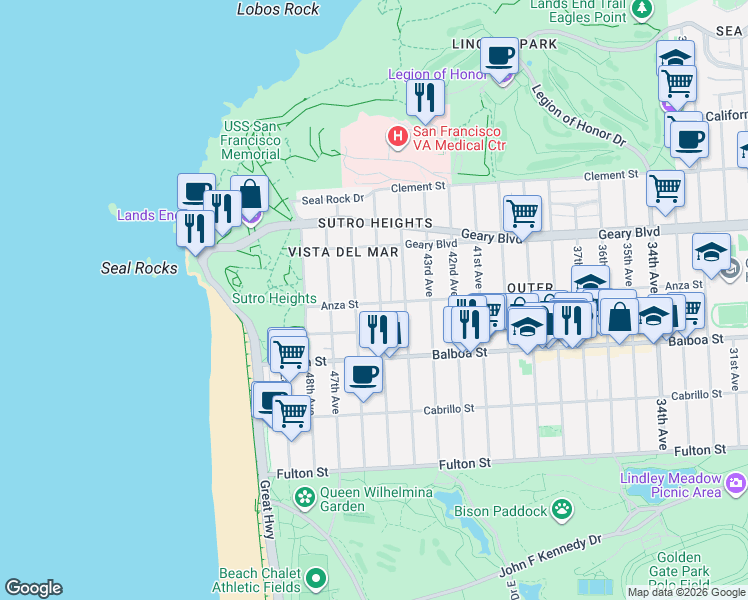 map of restaurants, bars, coffee shops, grocery stores, and more near 5426 Anza Street in San Francisco
