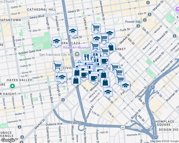 map of restaurants, bars, coffee shops, grocery stores, and more near 1390 Market Street in San Francisco