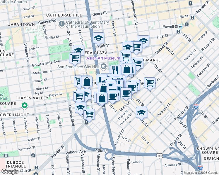 map of restaurants, bars, coffee shops, grocery stores, and more near 150 Van Ness Avenue in San Francisco