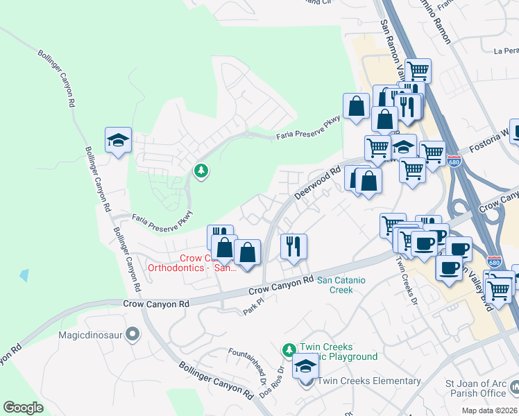 map of restaurants, bars, coffee shops, grocery stores, and more near 3217 Promontory Circle in San Ramon