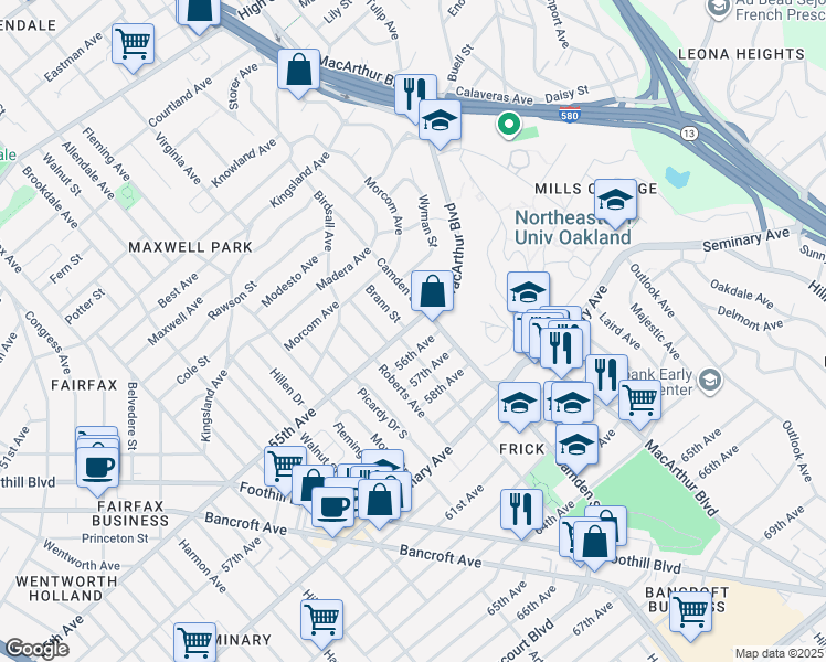 map of restaurants, bars, coffee shops, grocery stores, and more near 3020 55th Avenue in Oakland