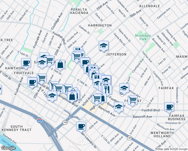 map of restaurants, bars, coffee shops, grocery stores, and more near 1926 Rosedale Avenue in Oakland
