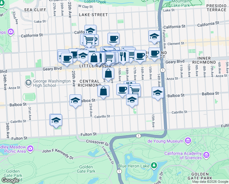 map of restaurants, bars, coffee shops, grocery stores, and more near 560 20th Avenue in San Francisco