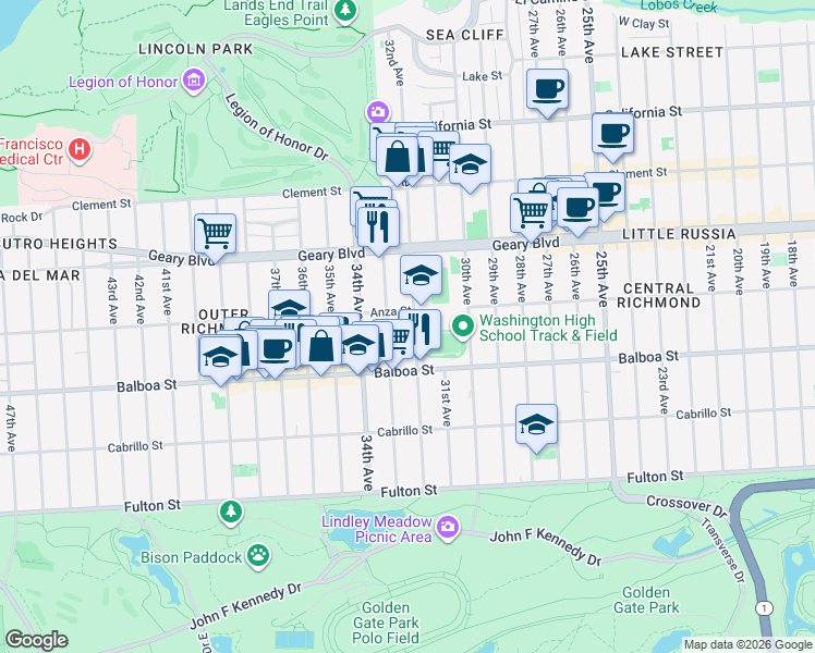 map of restaurants, bars, coffee shops, grocery stores, and more near 610 33rd Avenue in San Francisco