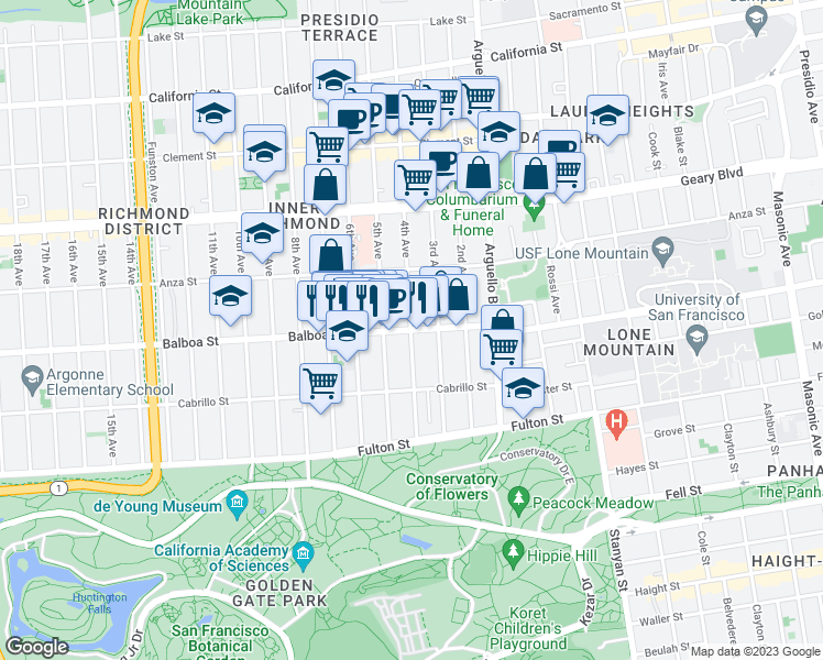 map of restaurants, bars, coffee shops, grocery stores, and more near Balboa Street & 4th Avenue in San Francisco