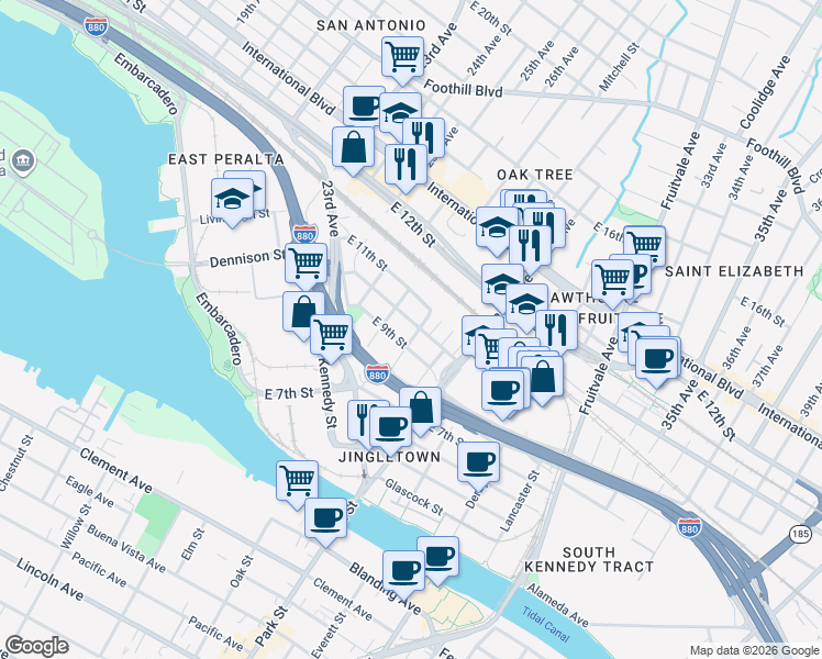 map of restaurants, bars, coffee shops, grocery stores, and more near 2745 East 10th Street in Oakland