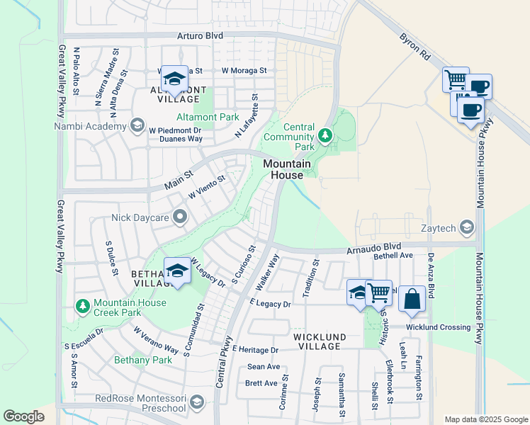 map of restaurants, bars, coffee shops, grocery stores, and more near 183 South Veracruz Place in Tracy