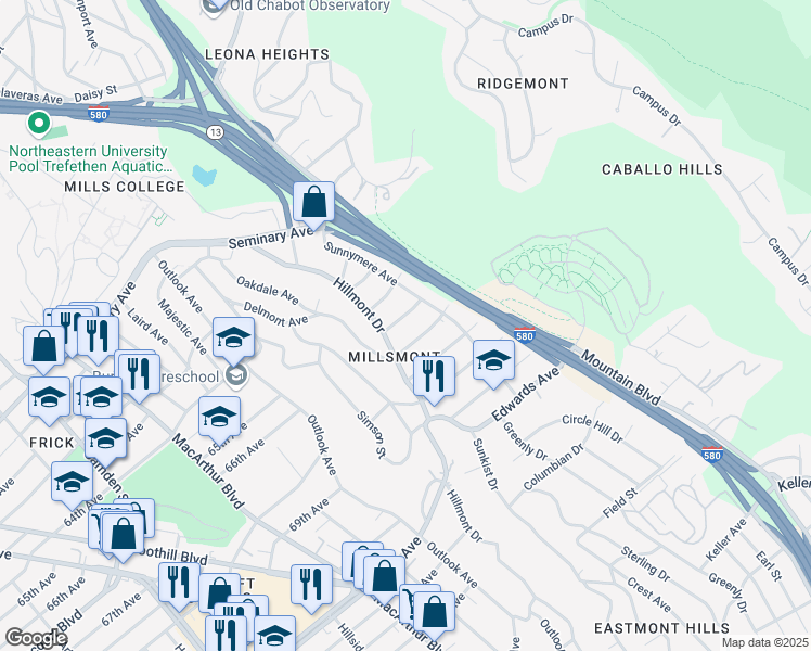 map of restaurants, bars, coffee shops, grocery stores, and more near 3932 Gardenia Place in Oakland