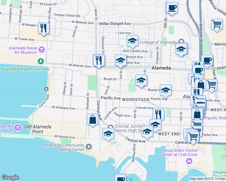map of restaurants, bars, coffee shops, grocery stores, and more near 218 Cypress Street in Alameda
