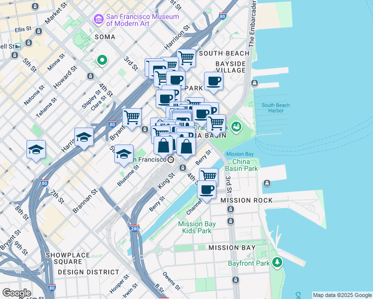 map of restaurants, bars, coffee shops, grocery stores, and more near 250-260 King Street in San Francisco