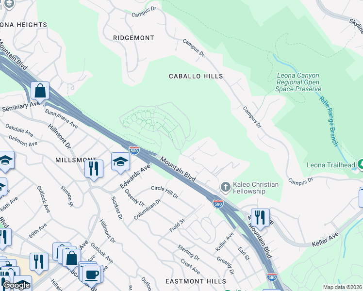 map of restaurants, bars, coffee shops, grocery stores, and more near 6330 Rocky Point Court in Oakland