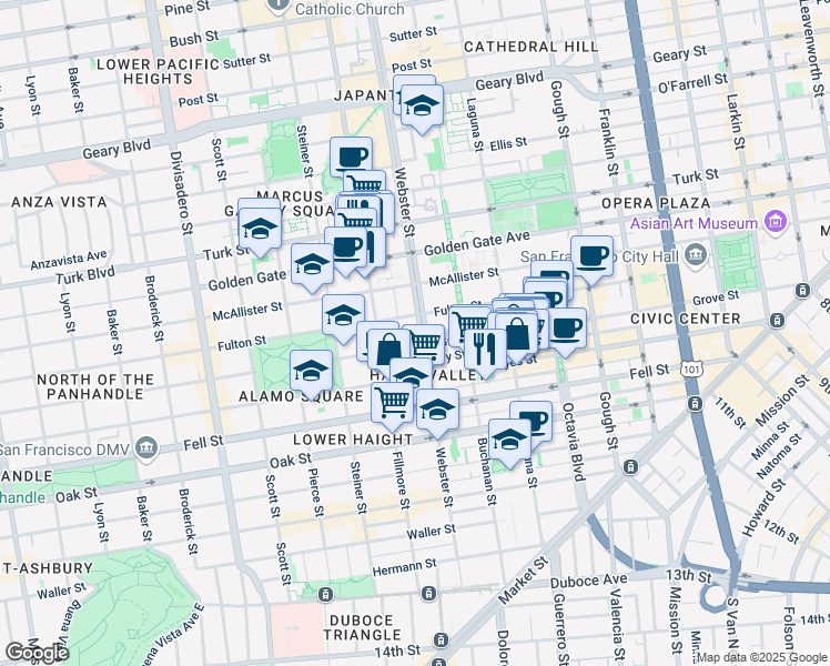 map of restaurants, bars, coffee shops, grocery stores, and more near 741 Webster Street in San Francisco