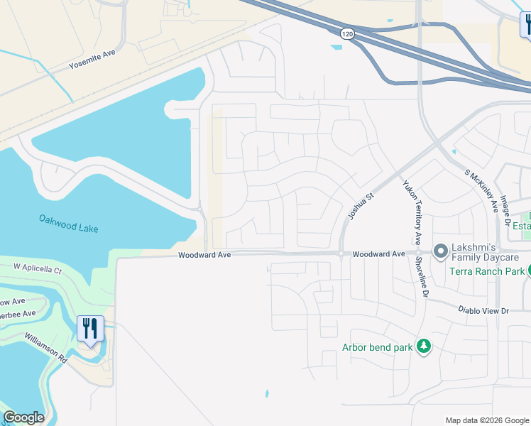 map of restaurants, bars, coffee shops, grocery stores, and more near 1717 Tornillo Avenue in Manteca