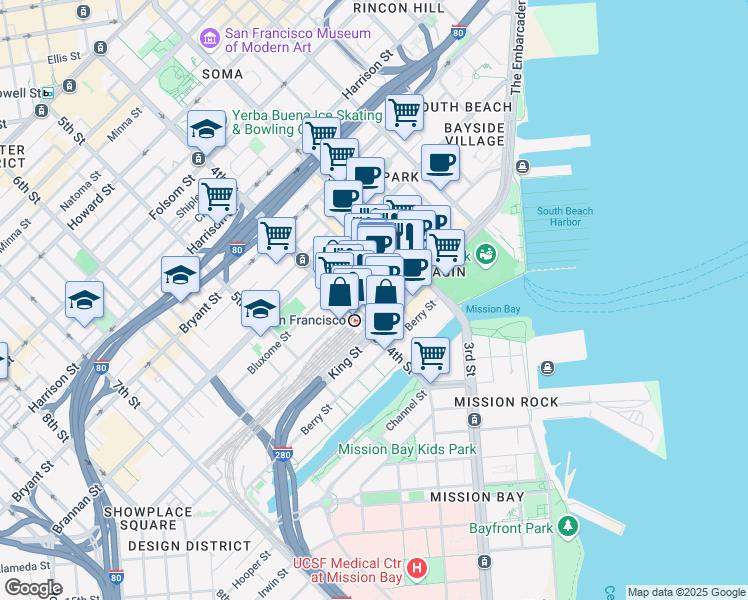 map of restaurants, bars, coffee shops, grocery stores, and more near 250-260 King Street in San Francisco