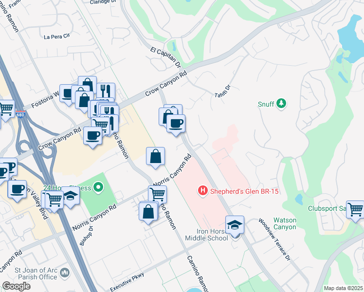 map of restaurants, bars, coffee shops, grocery stores, and more near 12855 Alcosta Boulevard in San Ramon