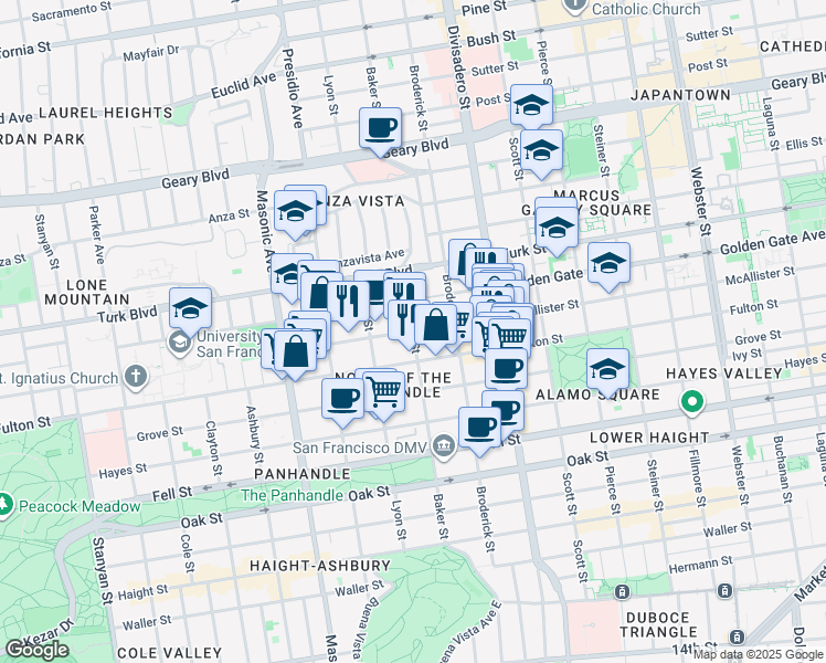 map of restaurants, bars, coffee shops, grocery stores, and more near Baker St & McAllister St in San Francisco