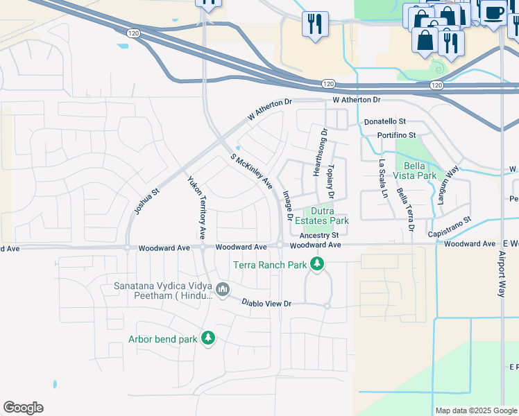 map of restaurants, bars, coffee shops, grocery stores, and more near 1716 Skagway Avenue in Manteca