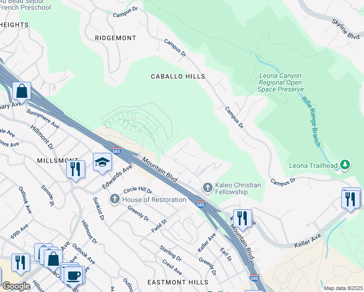 map of restaurants, bars, coffee shops, grocery stores, and more near 7214 Altura Place in Oakland