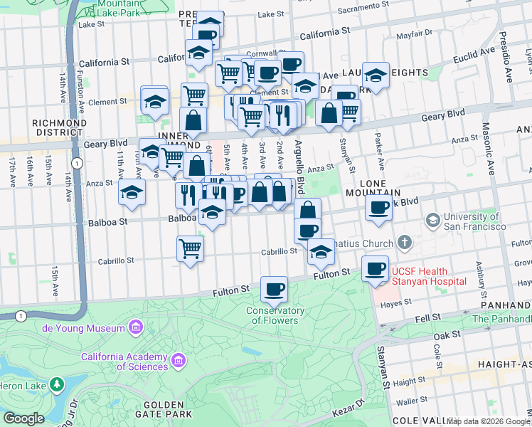 map of restaurants, bars, coffee shops, grocery stores, and more near Balboa St & 3rd Ave in San Francisco