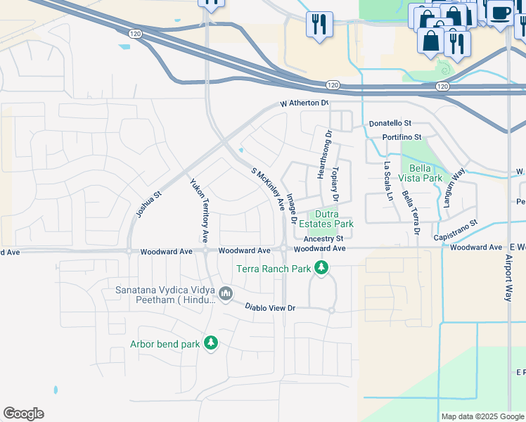 map of restaurants, bars, coffee shops, grocery stores, and more near 1716 Skagway Avenue in Manteca