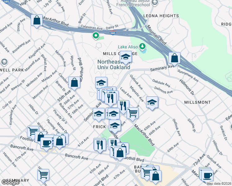 map of restaurants, bars, coffee shops, grocery stores, and more near 3400 Seminary Avenue in Oakland
