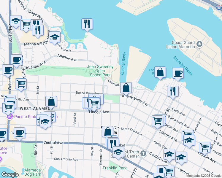 map of restaurants, bars, coffee shops, grocery stores, and more near 1401 Buena Vista Avenue in Alameda