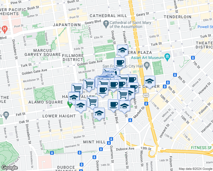 map of restaurants, bars, coffee shops, grocery stores, and more near 531 Grove Street in San Francisco
