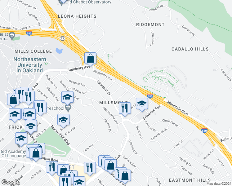 map of restaurants, bars, coffee shops, grocery stores, and more near 3932 Gardenia Place in Oakland
