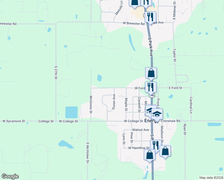 map of restaurants, bars, coffee shops, grocery stores, and more near 600 West Ford Street in Energy