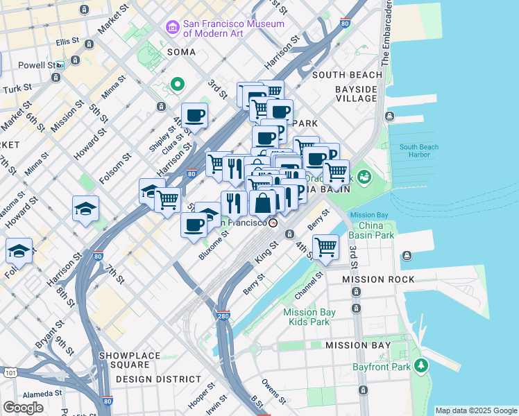 map of restaurants, bars, coffee shops, grocery stores, and more near 660 4th Street in San Francisco
