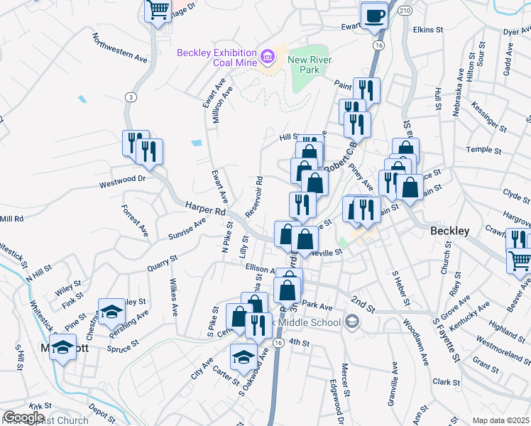 map of restaurants, bars, coffee shops, grocery stores, and more near 198 Adkins Street in Beckley