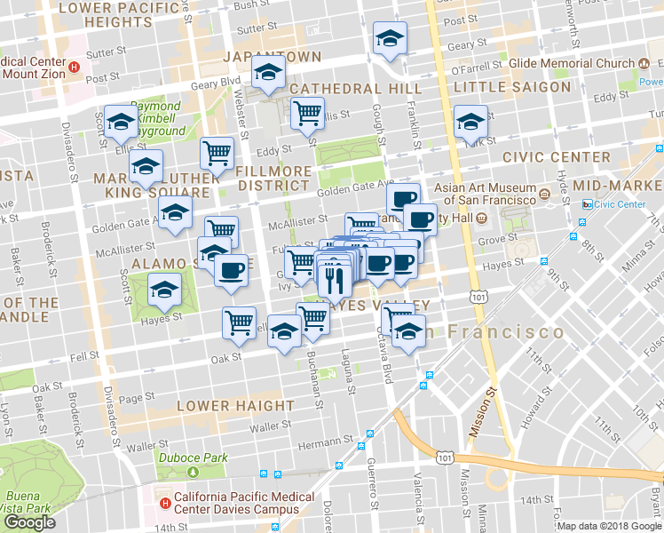 map of restaurants, bars, coffee shops, grocery stores, and more near Laguna St & Grove St in San Francisco