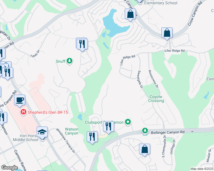 map of restaurants, bars, coffee shops, grocery stores, and more near 805 Watson Canyon Court in San Ramon