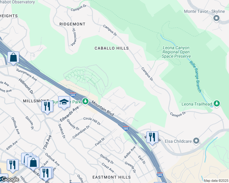 map of restaurants, bars, coffee shops, grocery stores, and more near 7214 Altura Place in Oakland