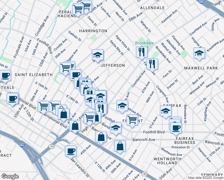 map of restaurants, bars, coffee shops, grocery stores, and more near 2121 High Street in Oakland